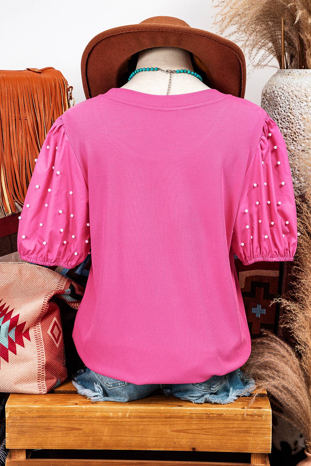 Ribbed Pearl Beaded Puff Sleeve Top