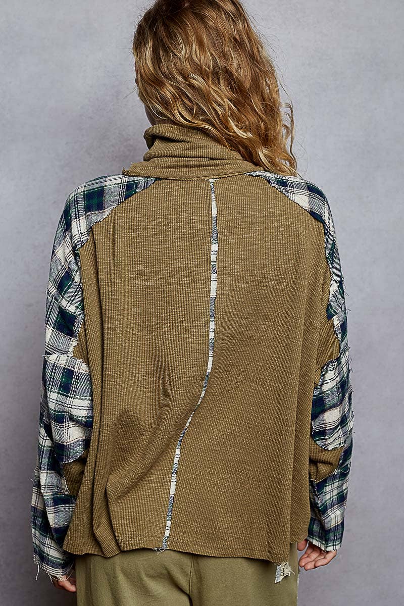 Cozy olive and tartan plaid turtleneck