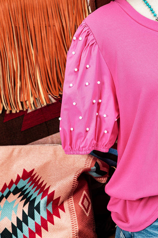 Ribbed Pearl Beaded Puff Sleeve Top