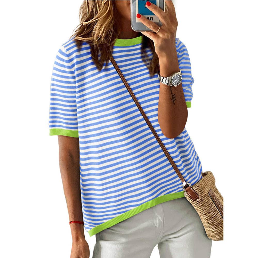 Crew Neck Striped Short Sleeve Sweater