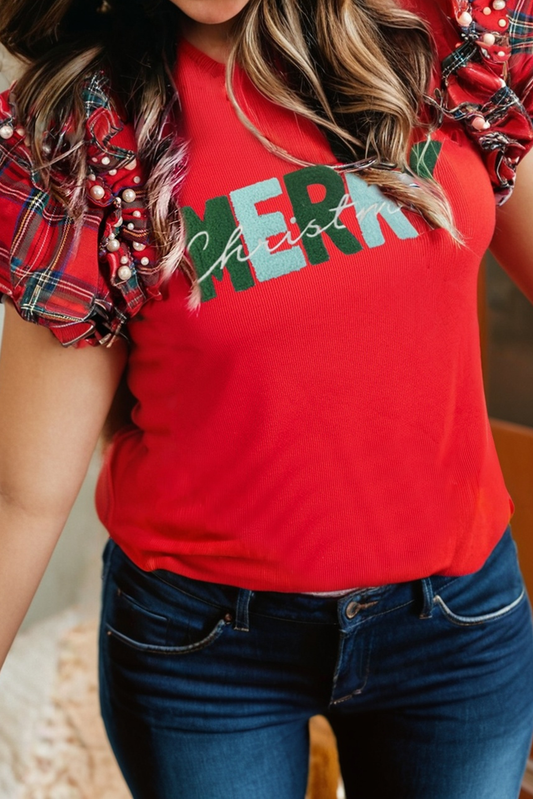 Pearled Plaid Ruffled Patchwork Top