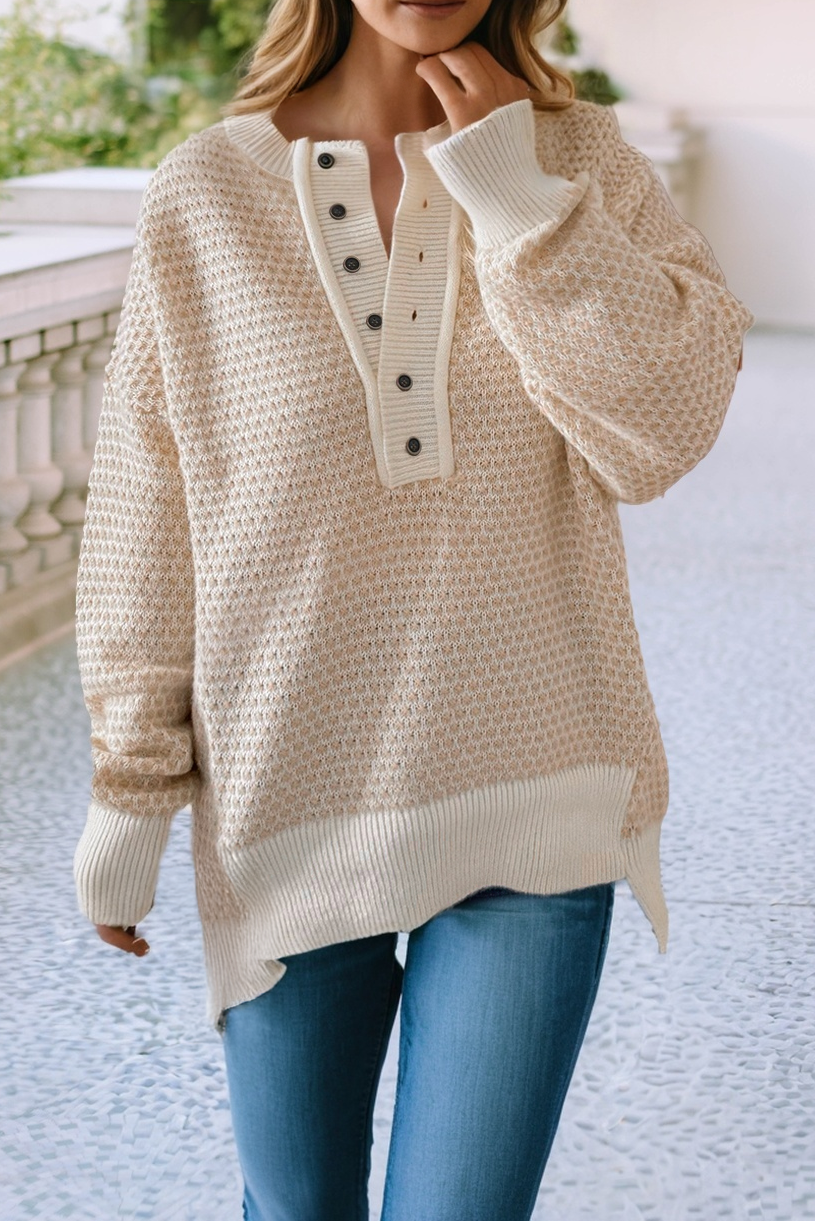 Button & Ribbed Henley Drop Shoulder Sweater
