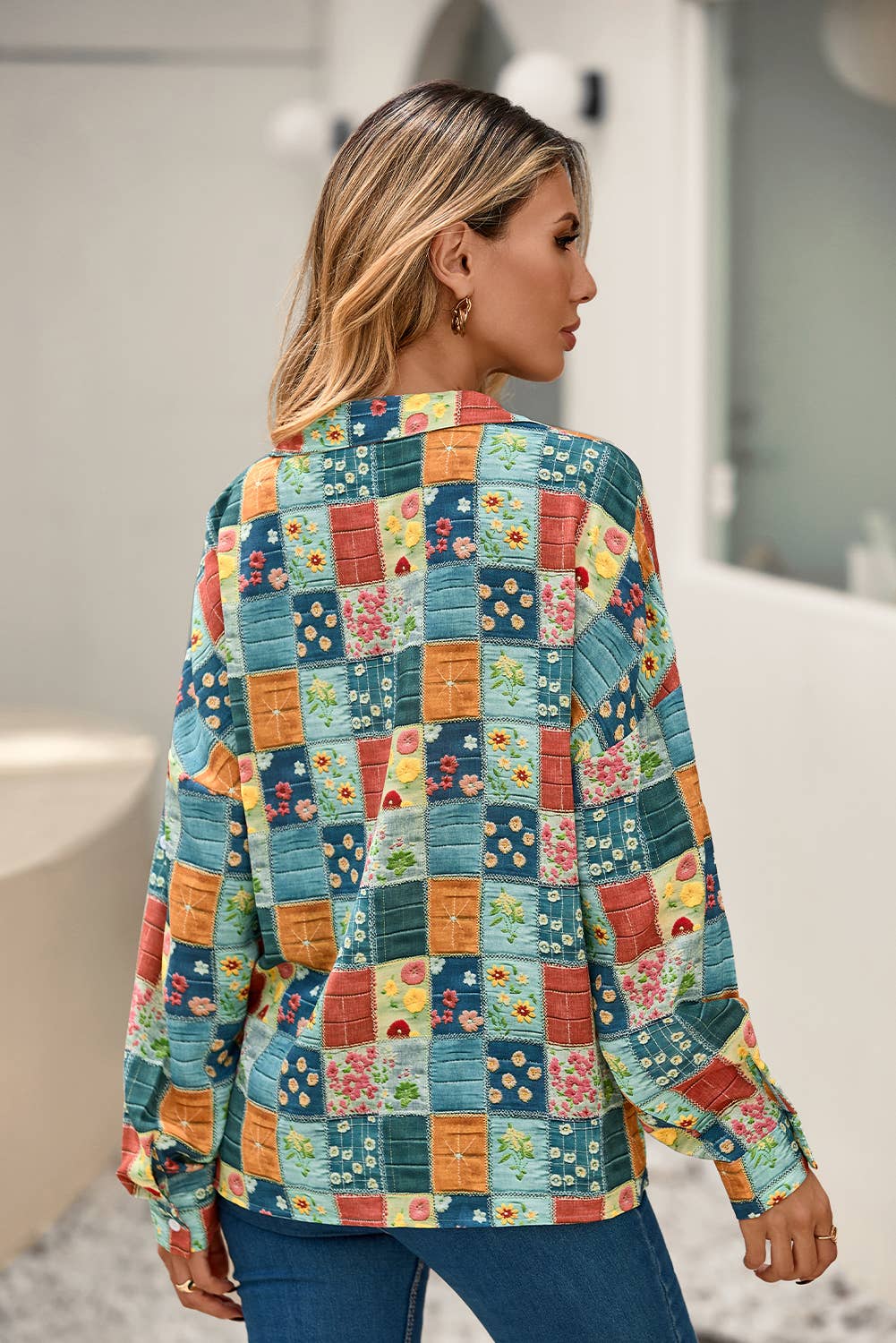 The Bloom and Breeze Blouse - Floral V-Neck Roll Sleeve Top