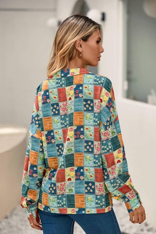 The Bloom and Breeze Blouse - Floral V-Neck Roll Sleeve Top