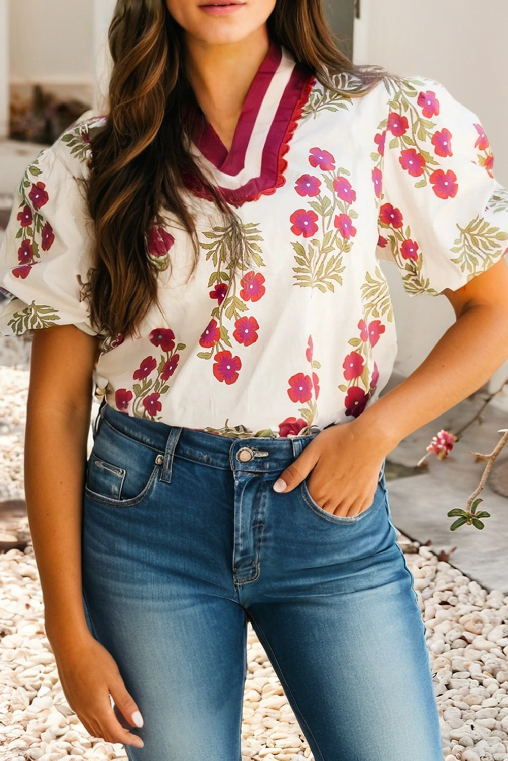 The Brunch Date Blouse – Black or White Floral Bubble Sleeve Contrast Slit Neck Top