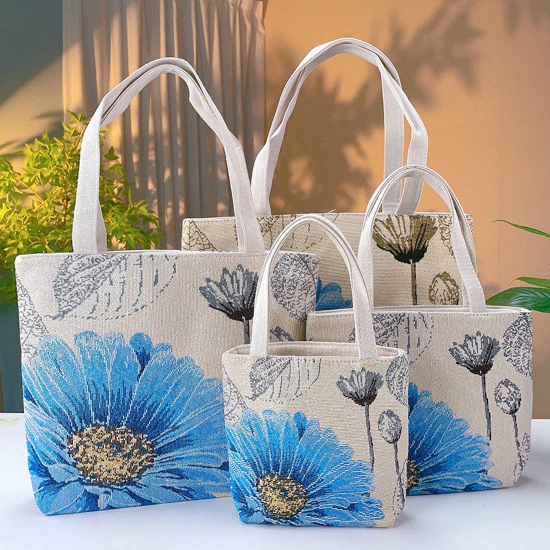 Blue Floral Embroidered Canvas Bag