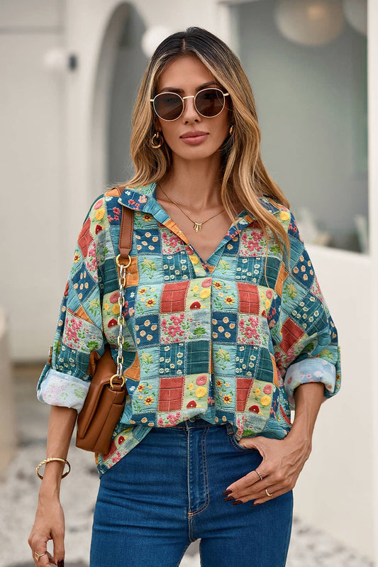 The Bloom and Breeze Blouse - Floral V-Neck Roll Sleeve Top