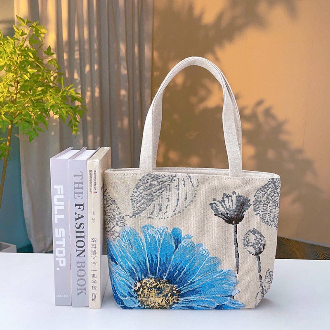 Blue Floral Embroidered Canvas Bag