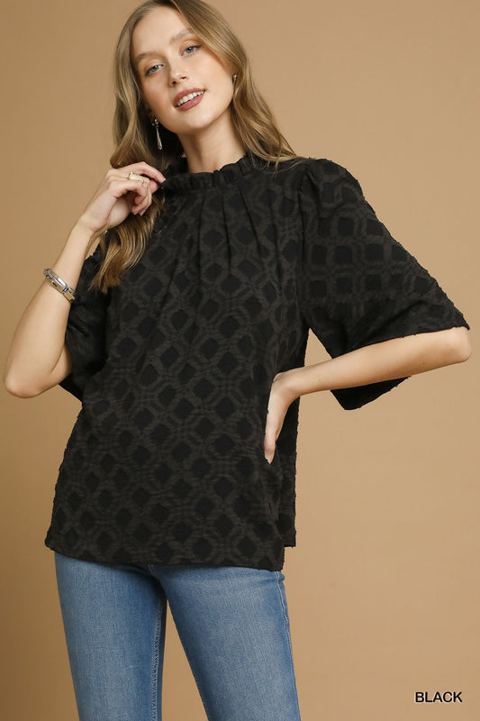 Textured Lattice Mock Neck Blouse