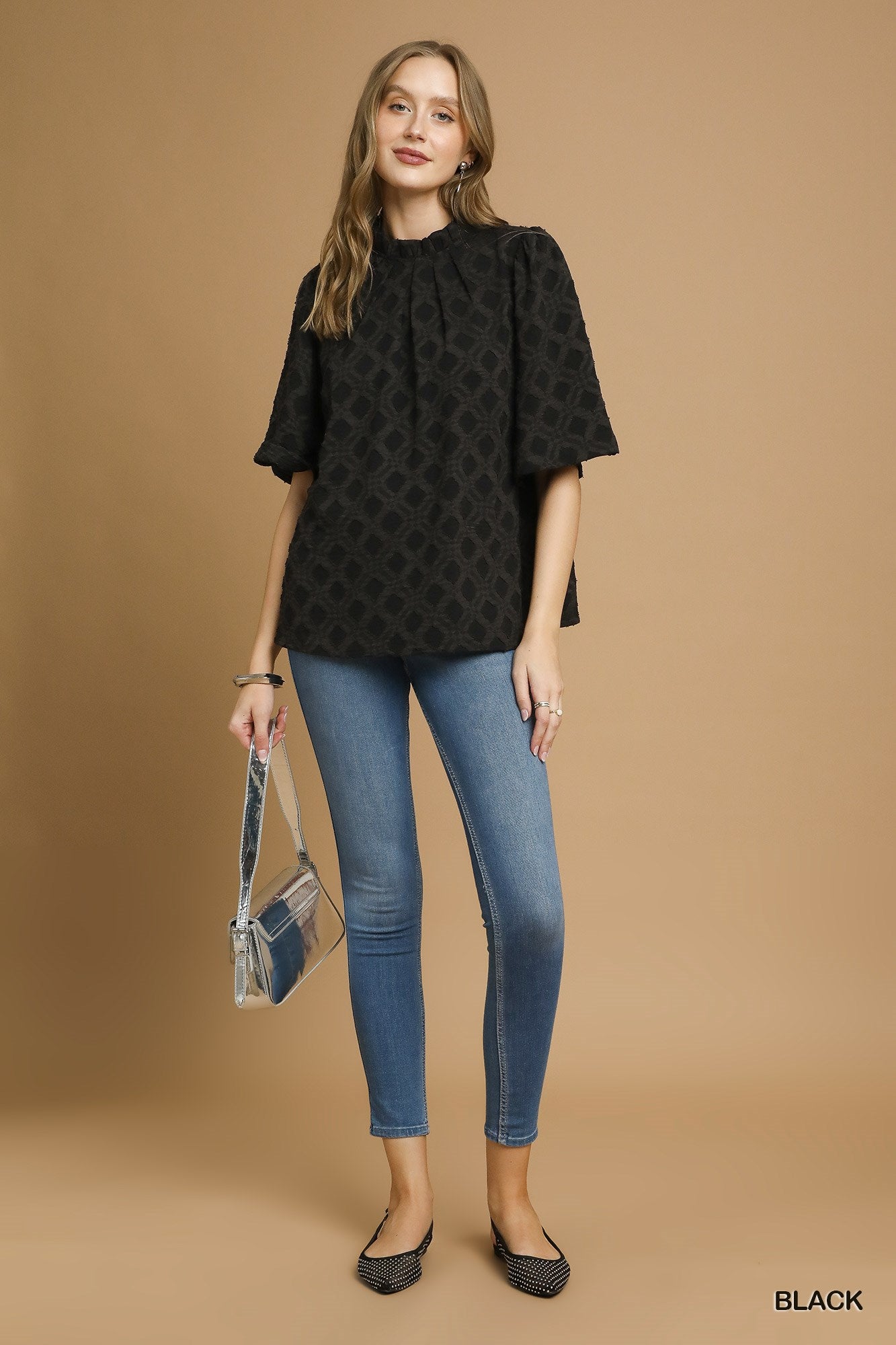 Textured Lattice Mock Neck Blouse