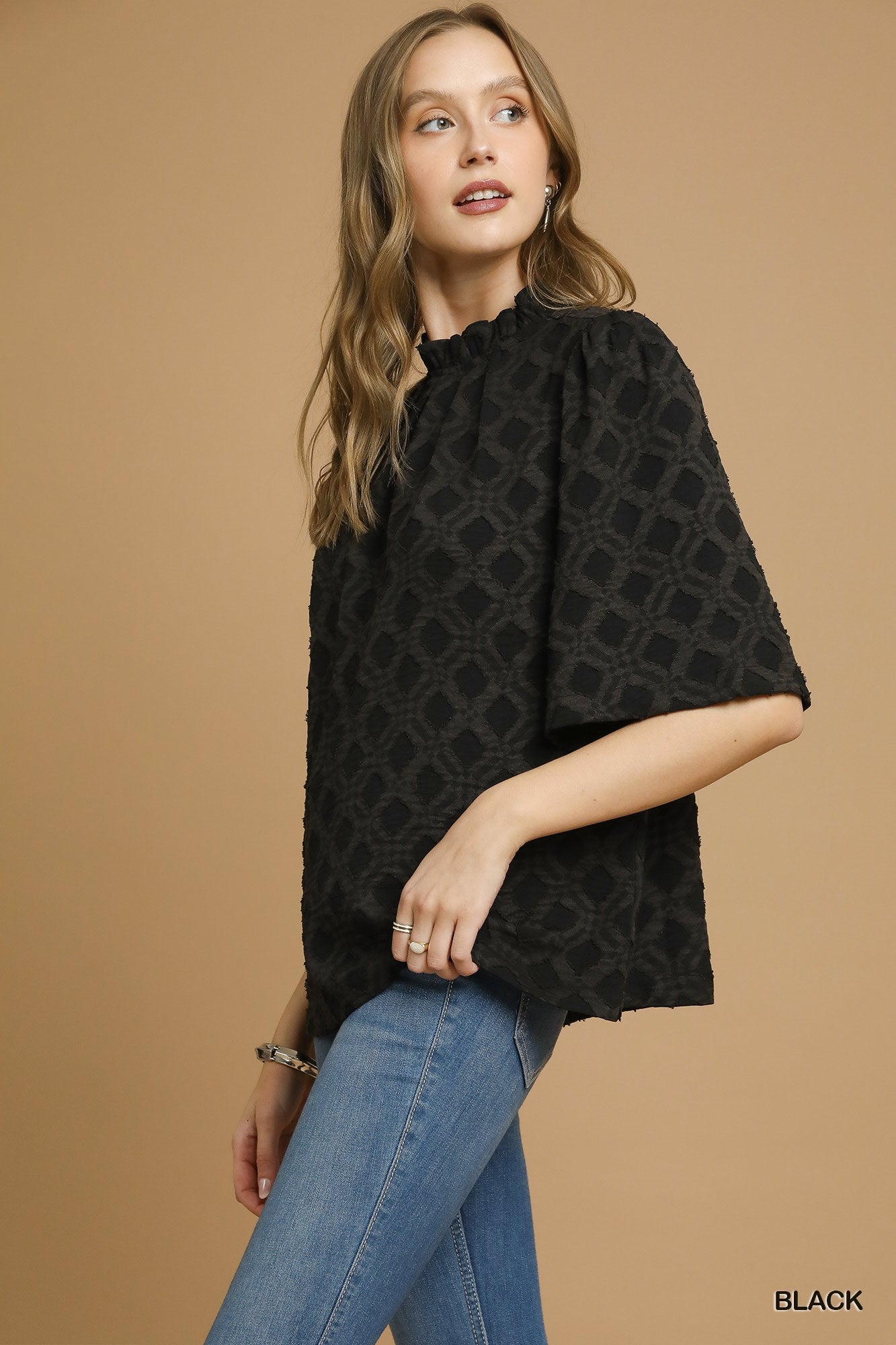 Textured Lattice Mock Neck Blouse