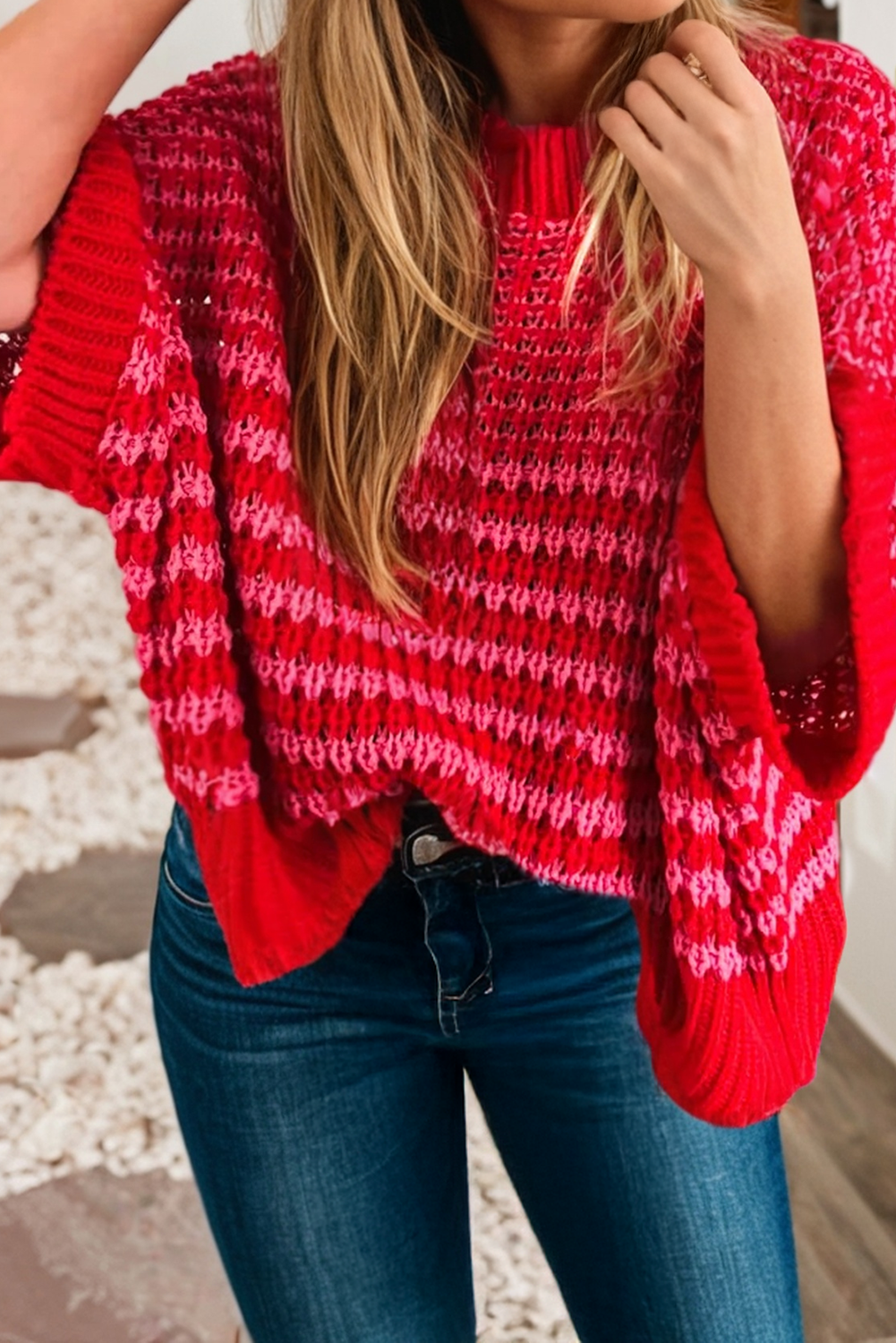 The Coffee Run Striped Sweater - Slouchy 3/4 Sleeve Draped Knit