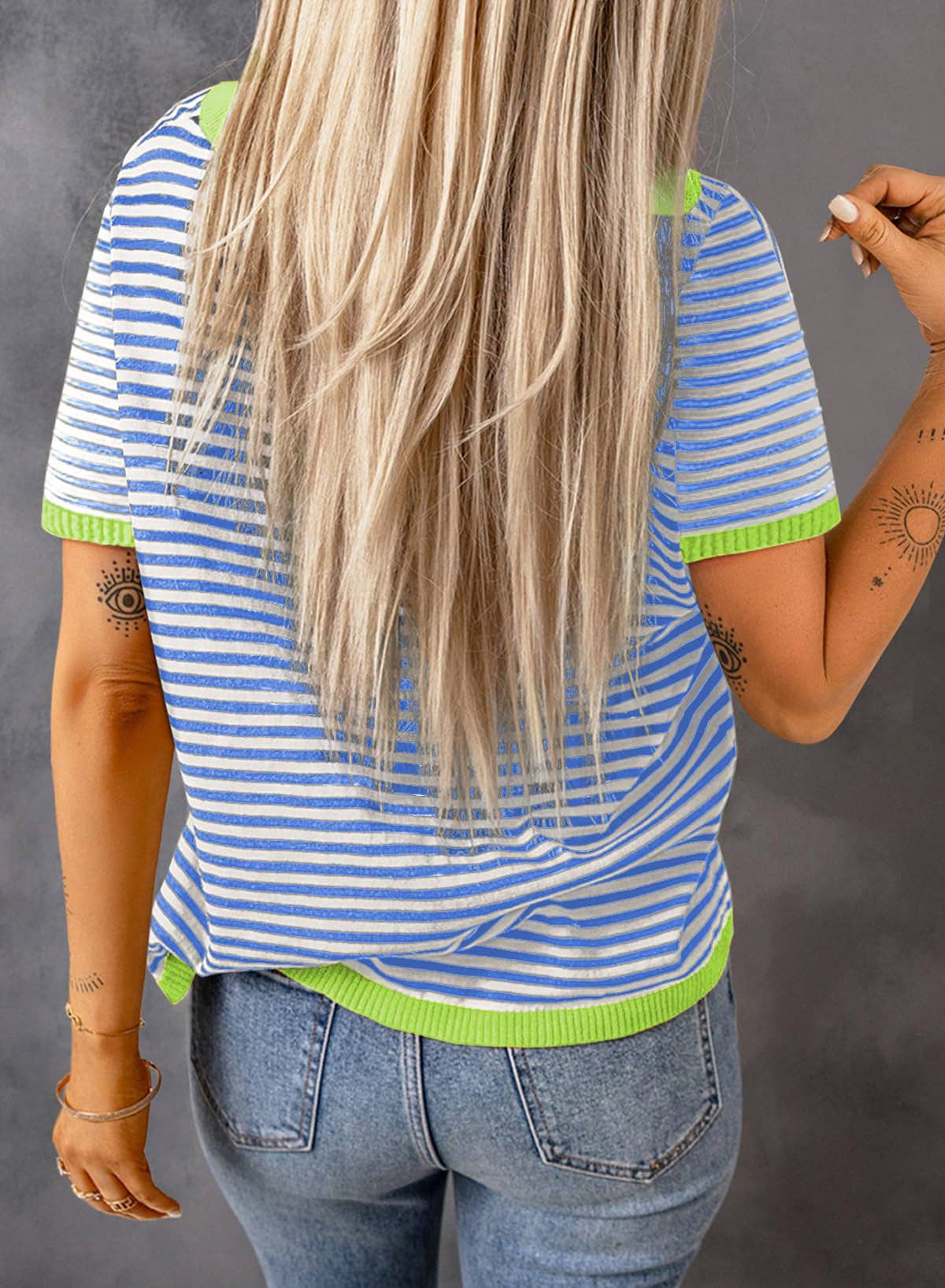 Crew Neck Striped Short Sleeve Sweater