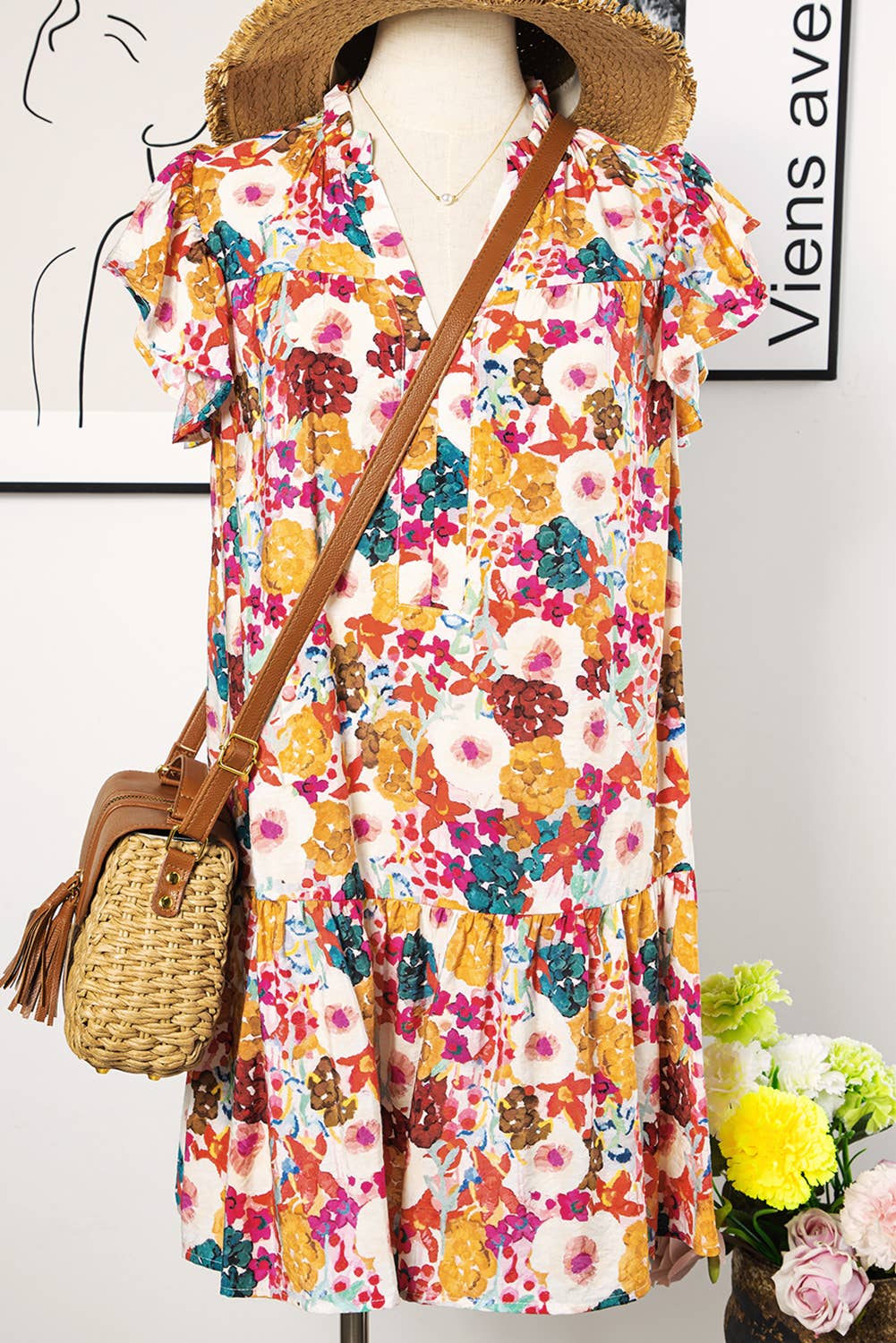 Floral Print Split Neck Flutter Sleeve Dress
