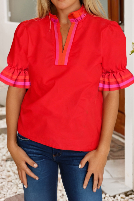 The City Day Blouse – Patchwork Colorblock Mock Neck Top