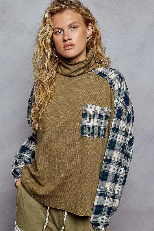 Cozy olive and tartan plaid turtleneck