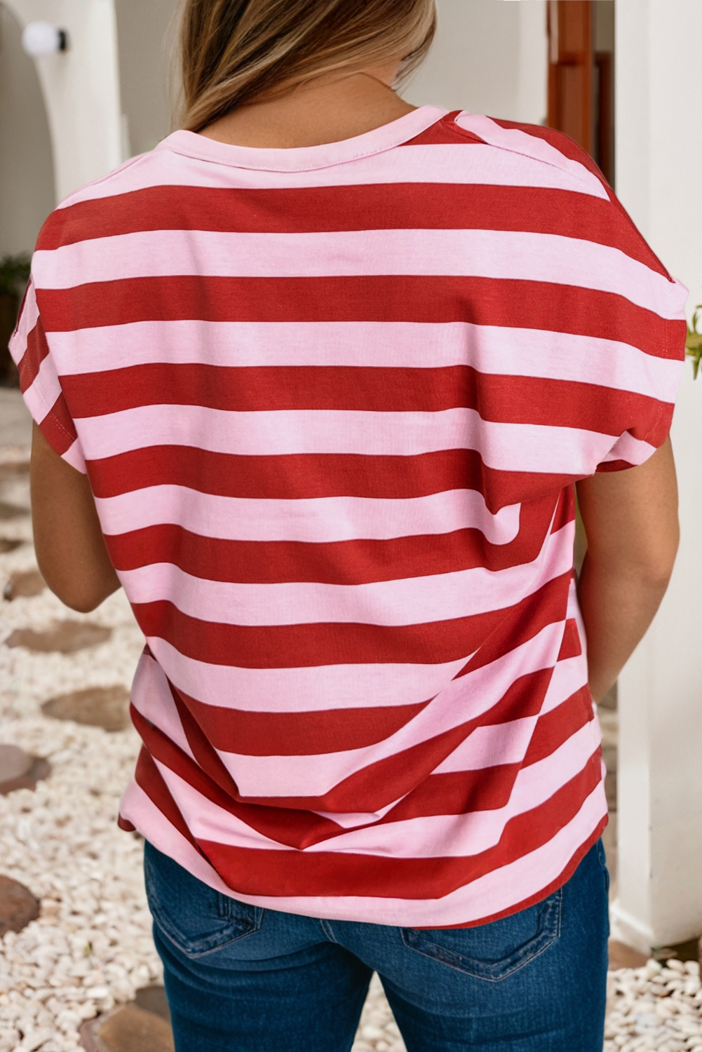 The City Stroll Stripe Tee - Split V Neck Short Sleeve Casual Stripe T Shirt