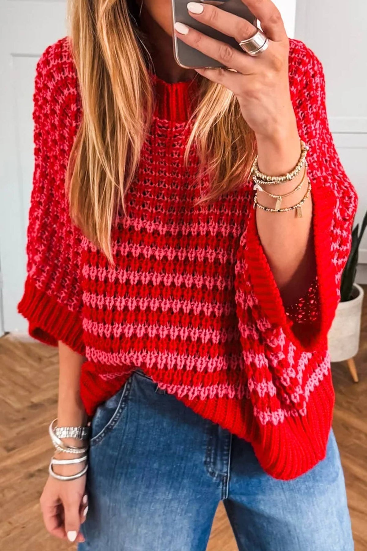 The Coffee Run Striped Sweater - Slouchy 3/4 Sleeve Draped Knit