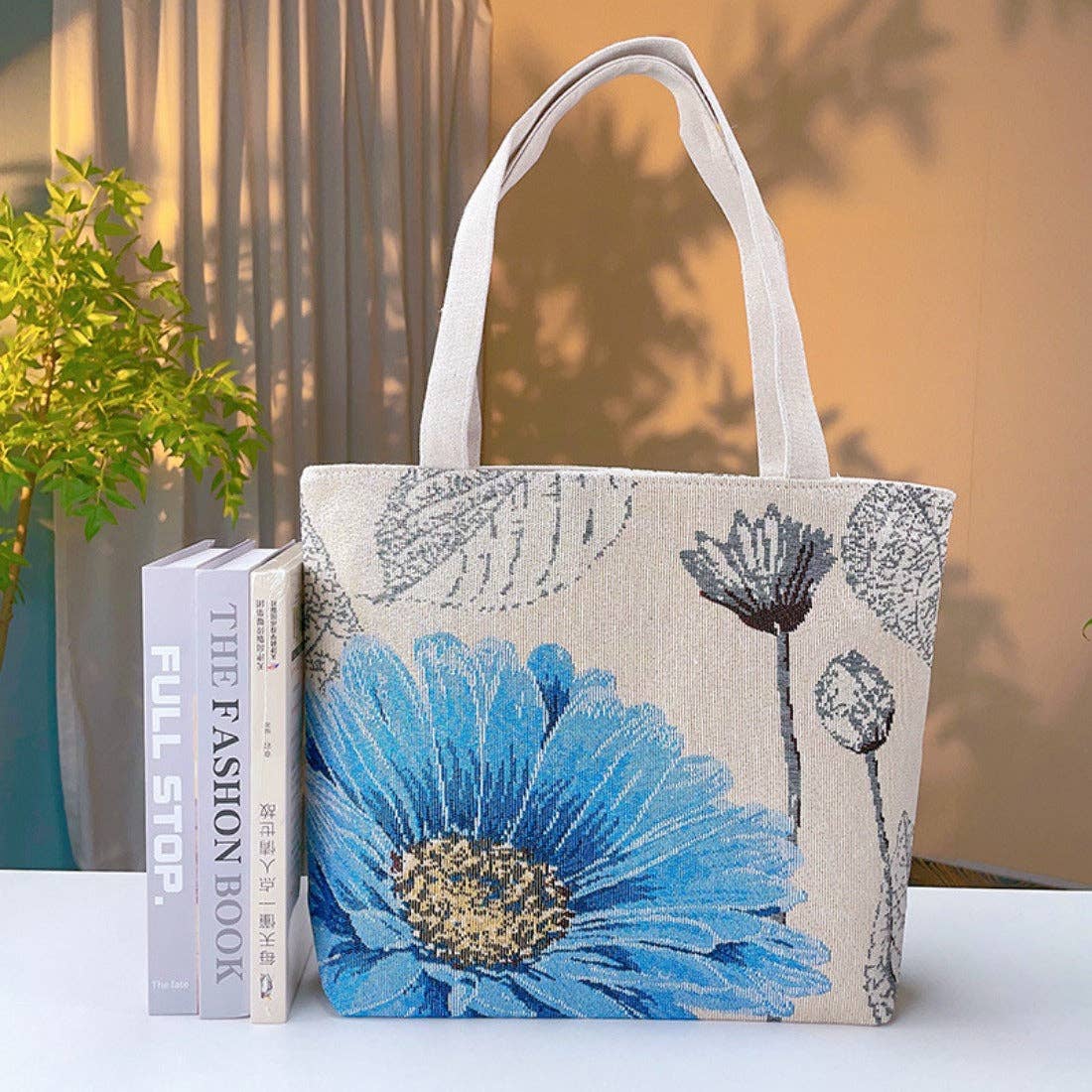 Blue Floral Embroidered Canvas Bag