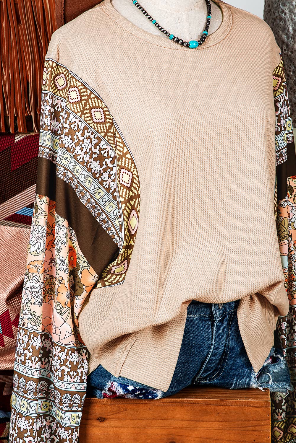 Boho Floral Patchwork Puff Sleeve Waffle Knit Top