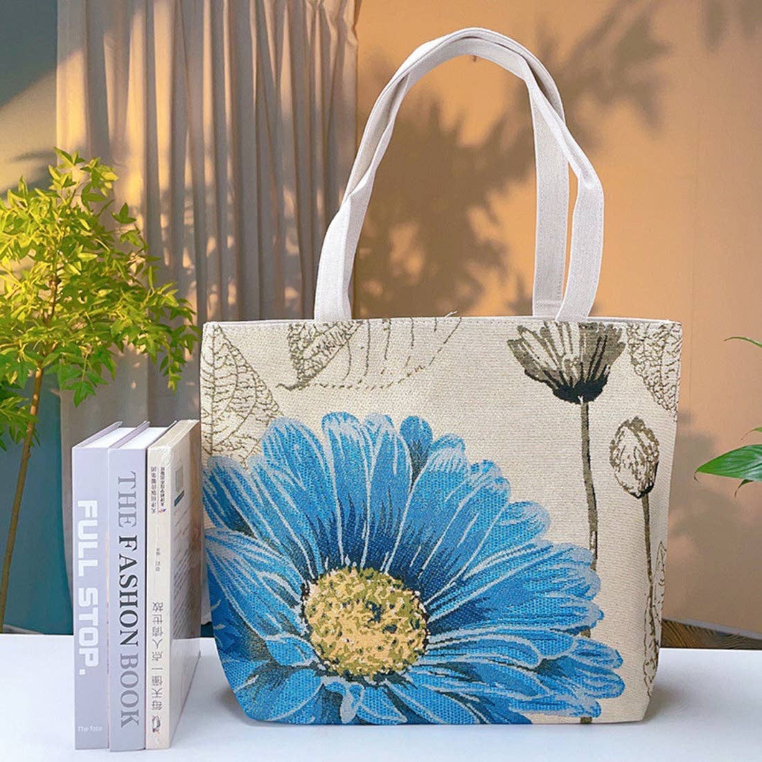 Blue Floral Embroidered Canvas Bag