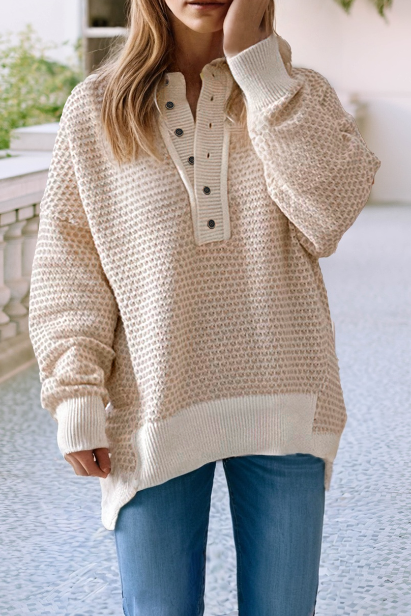 Button & Ribbed Henley Drop Shoulder Sweater