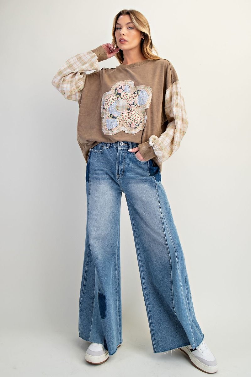 Mocha Floral and Plaid Long Sleeve Top