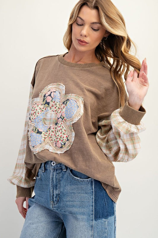 Mocha Floral and Plaid Long Sleeve Top