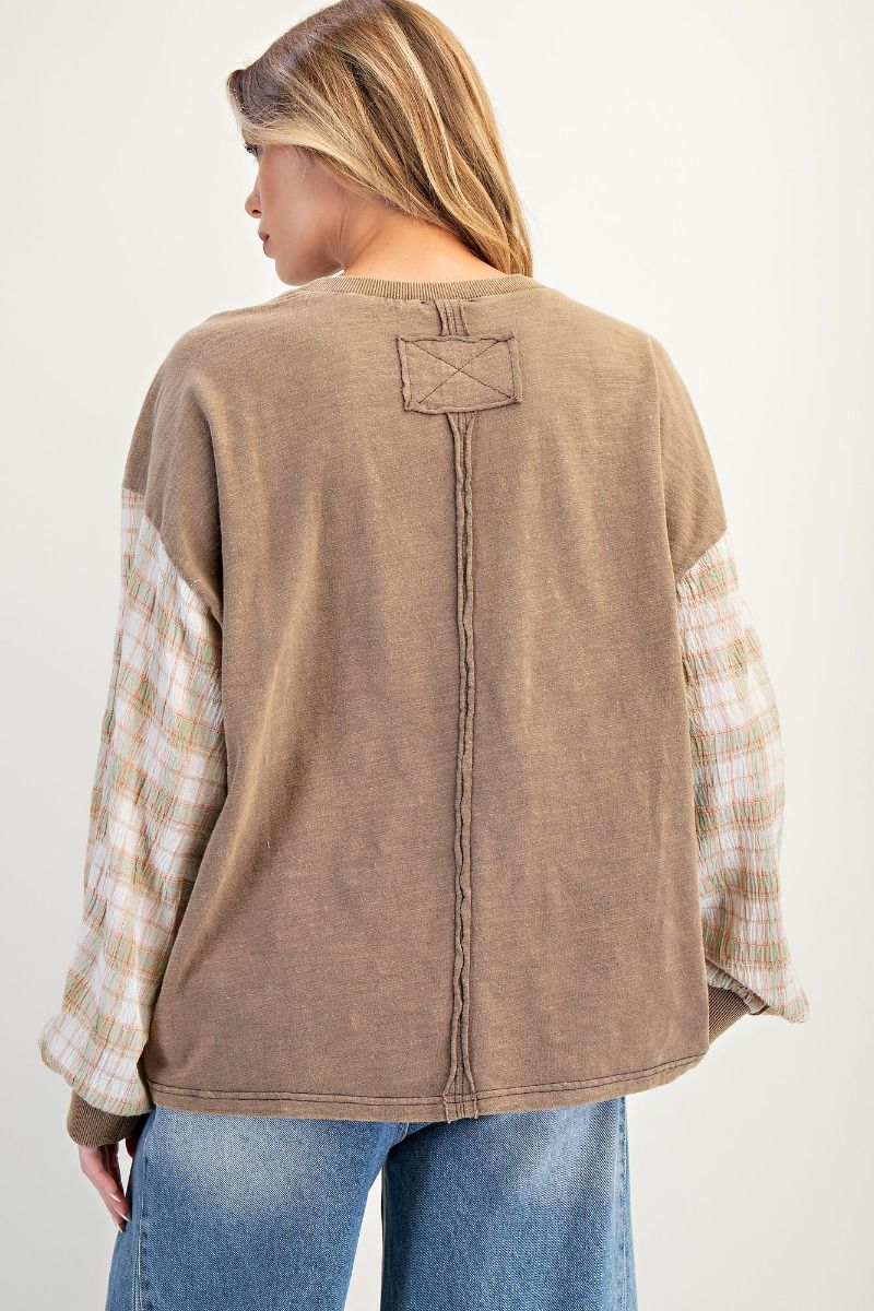 Mocha Floral and Plaid Long Sleeve Top