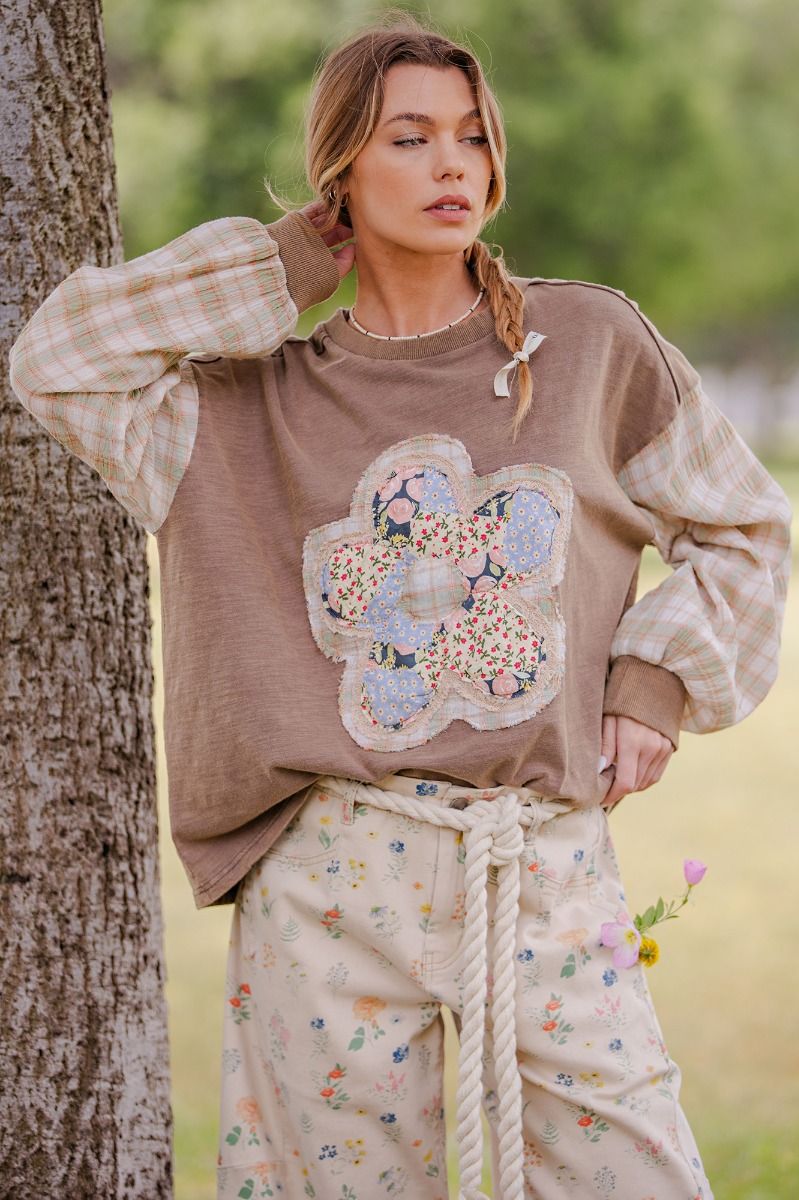 Mocha Floral and Plaid Long Sleeve Top