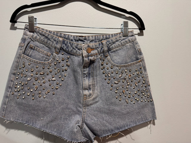 The Starlight Denim Shorts – Rhinestone Studded Raw Hem Denim Shorts