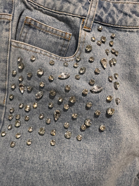 The Starlight Denim Shorts – Rhinestone Studded Raw Hem Denim Shorts