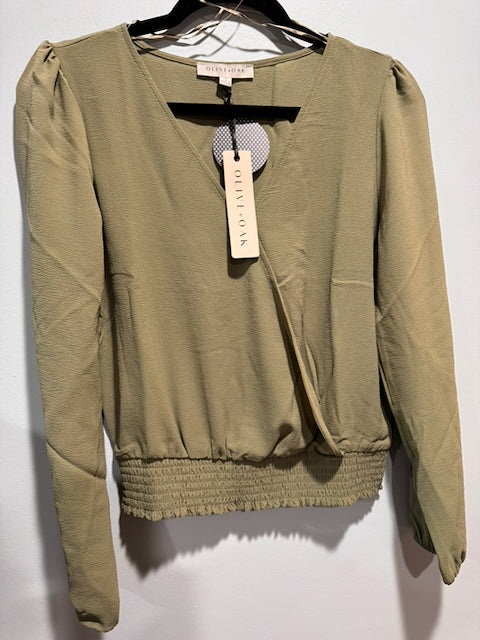 The Olive Grove Wrap Top – Smocked Waist Long Sleeve Wrap Blouse