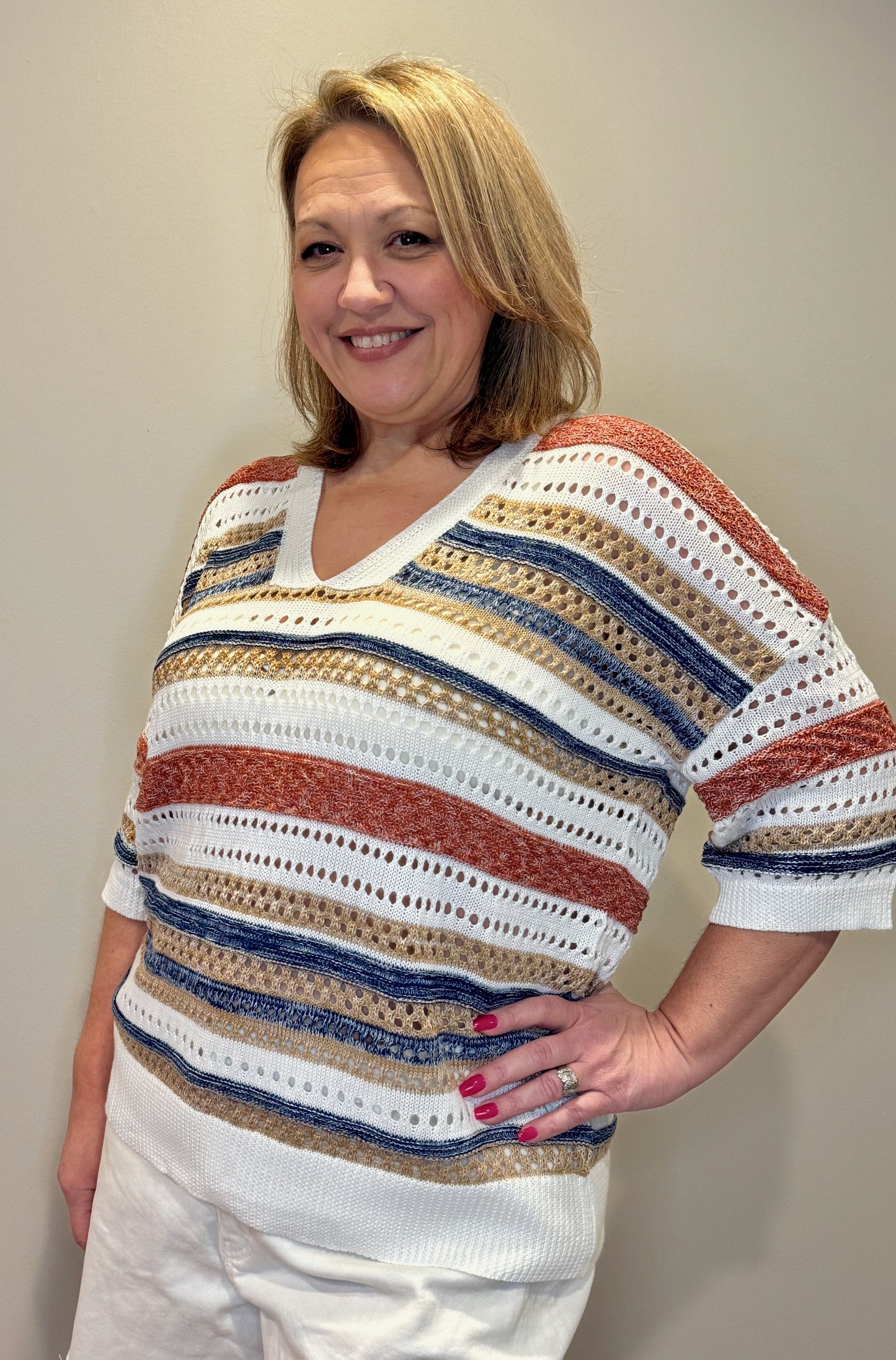 Stripe Hollow Out Half Sleeve Knitted Sweater
