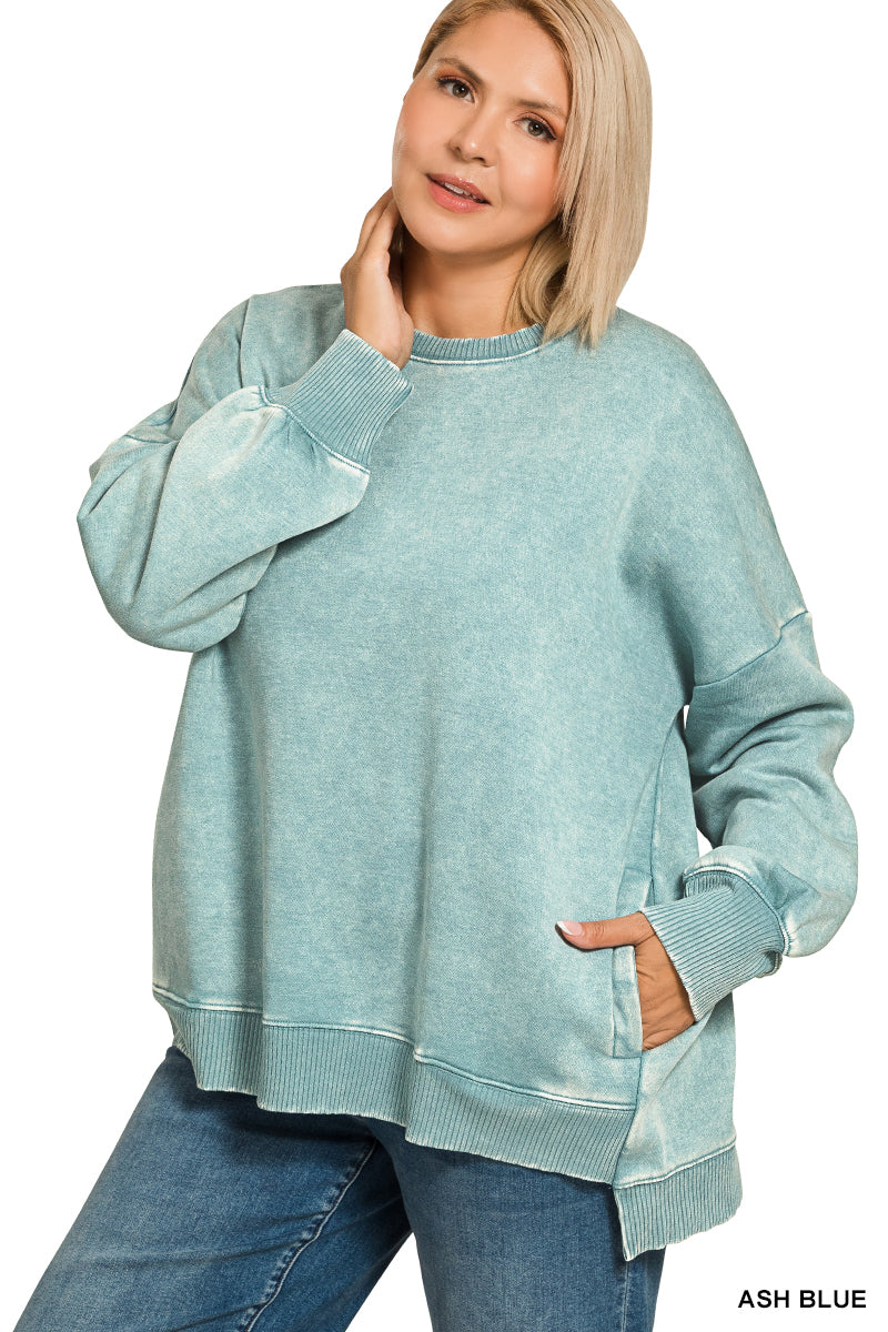 Acid-washed fleece sweatshirt with pockets