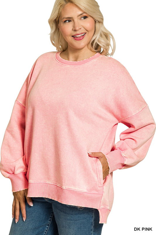 Acid-washed fleece sweatshirt with pockets