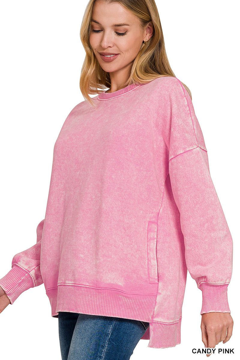 Acid-washed fleece sweatshirt with pockets