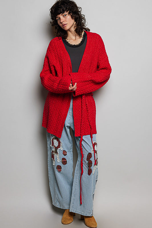 The Main Character Cardigan – POL Ruby Red Textured Open Front Cardigan