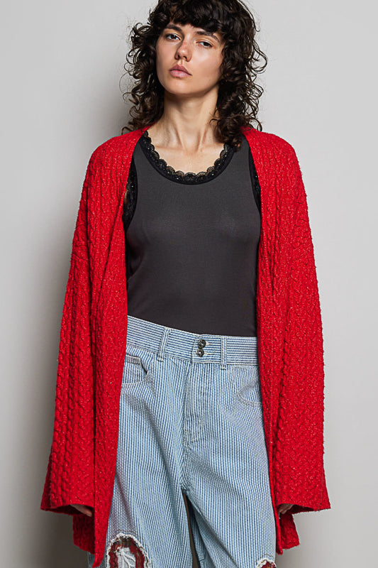 The Main Character Cardigan – POL Ruby Red Textured Open Front Cardigan