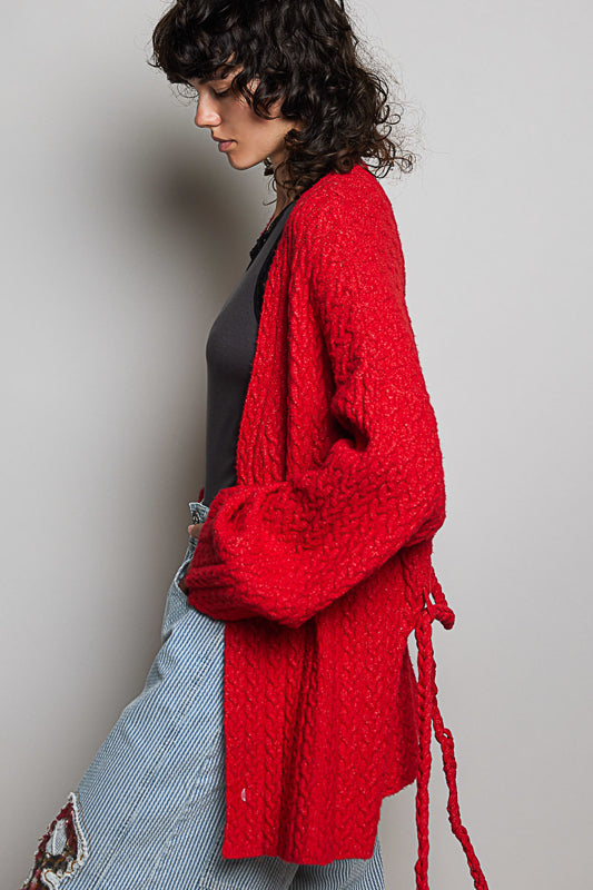 The Main Character Cardigan – POL Ruby Red Textured Open Front Cardigan