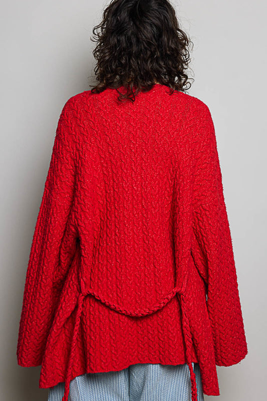 The Main Character Cardigan – POL Ruby Red Textured Open Front Cardigan