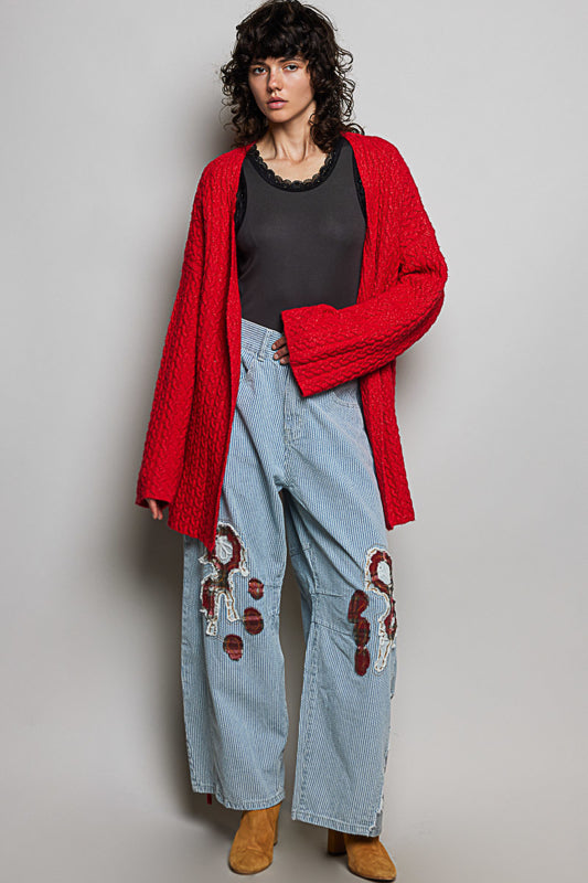 The Main Character Cardigan – POL Ruby Red Textured Open Front Cardigan