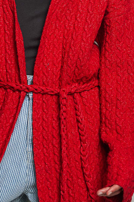 The Main Character Cardigan – POL Ruby Red Textured Open Front Cardigan