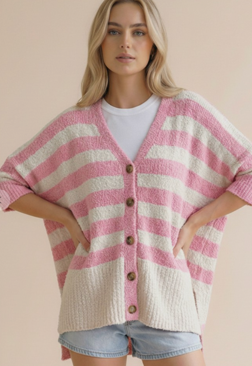 The Stay Awhile Cardigan - Stripe Popcorn Button Down Oversized Cardigan