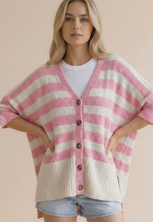 The Stay Awhile Cardigan - Stripe Popcorn Button Down Oversized Cardigan