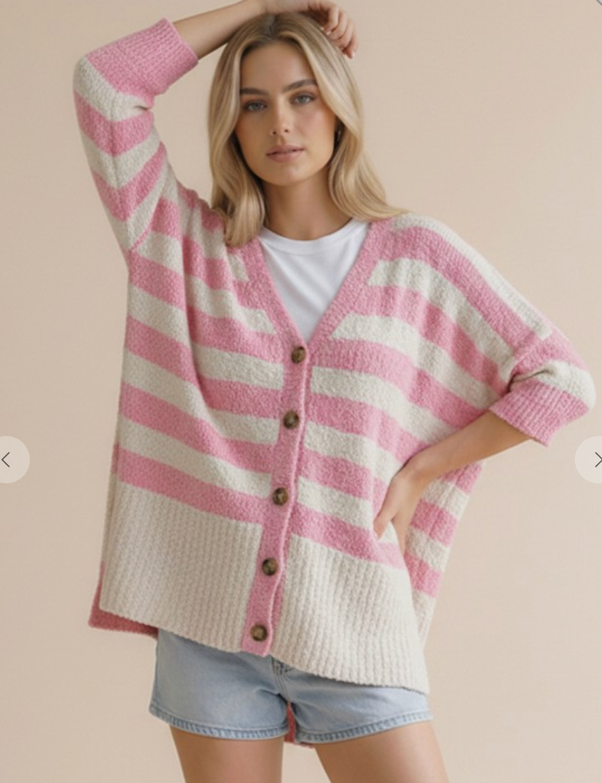 The Stay Awhile Cardigan - Stripe Popcorn Button Down Oversized Cardigan