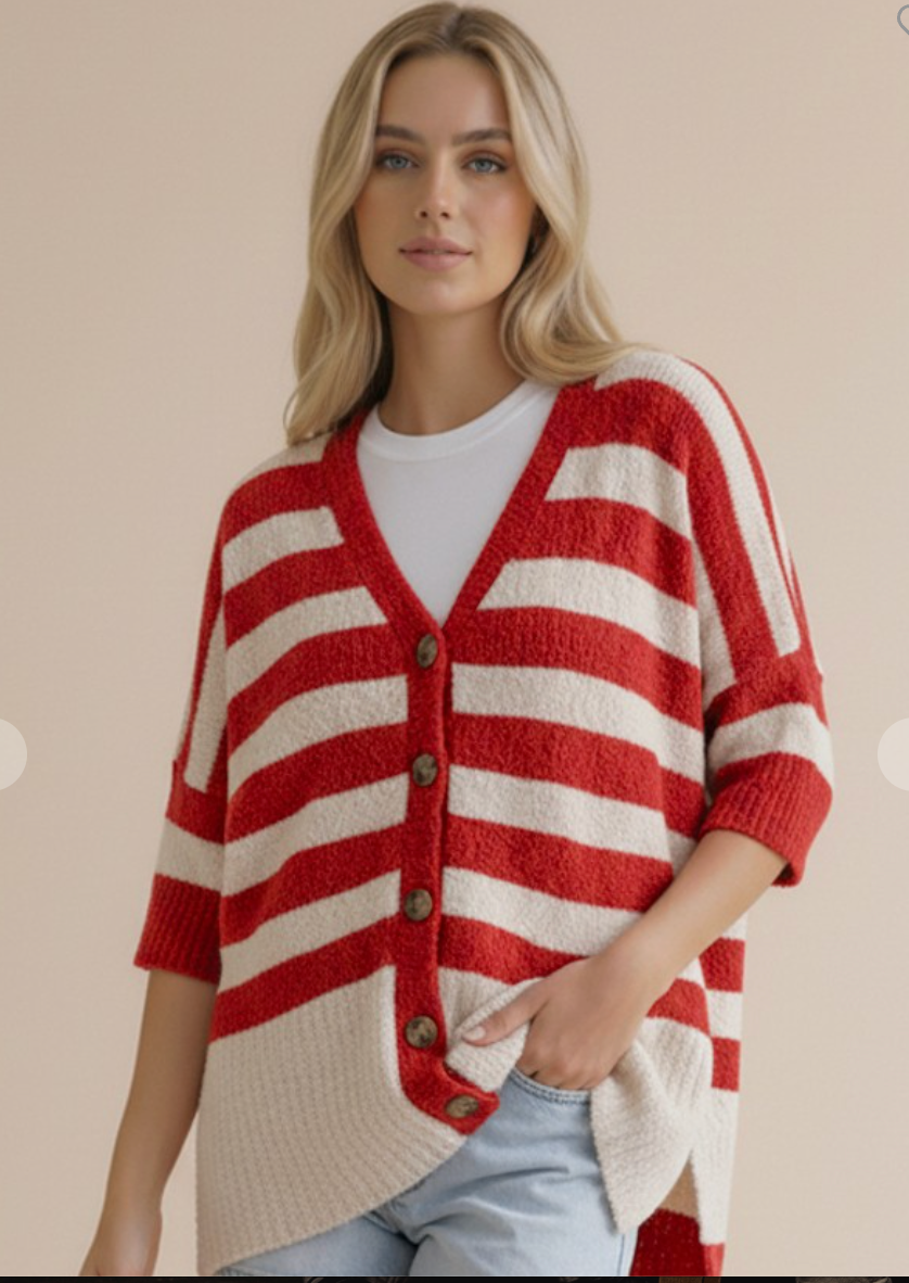 The Stay Awhile Cardigan - Stripe Popcorn Button Down Oversized Cardigan