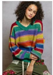The Color Outside the Lines Sweater – Multicolor Striped V-Neck Balloon Sleeve Knit  Description opener