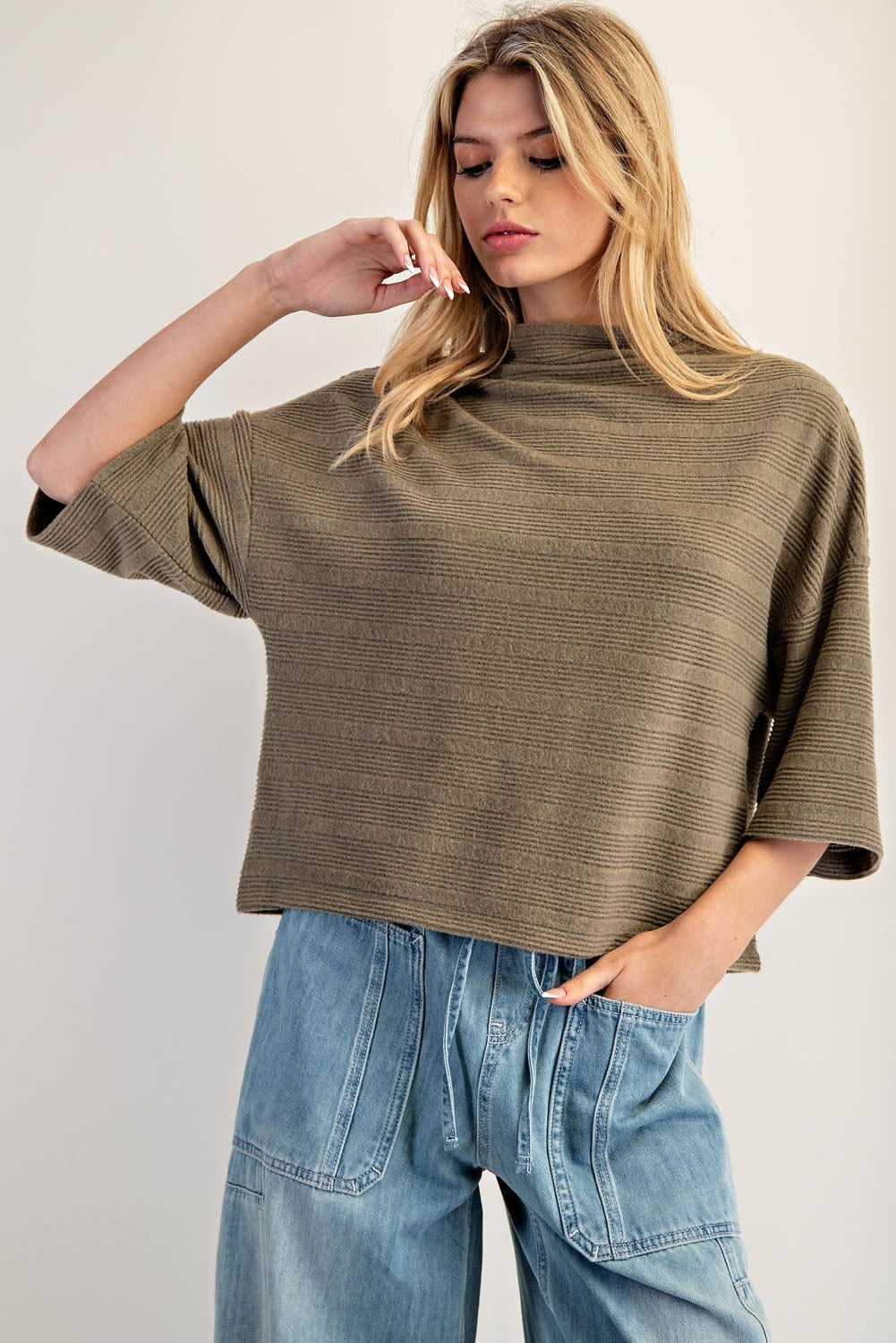 Textured Mock Neck Half Sleeve Top