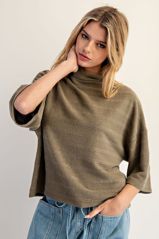 Textured Mock Neck Half Sleeve Top